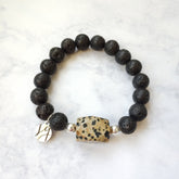 Posey Spotted Lava Charcoal Dalmatian Jasper Beaded Aromatherapy Essential Oil Stretch Bracelet